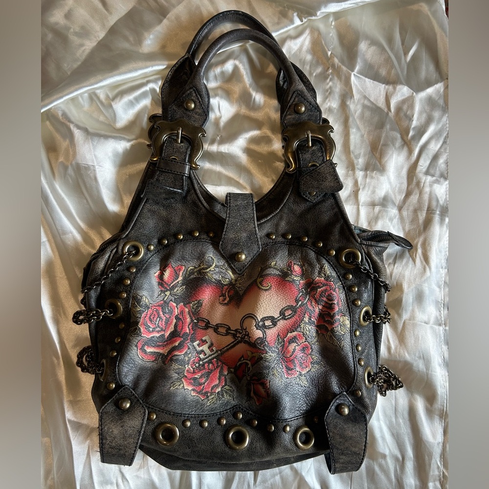 Isabella Fiore Rare Vintage Tattoo Heart Distressed Leather Hobo Bag